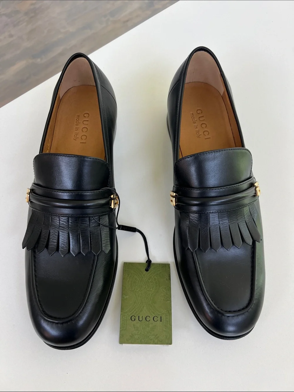 Gucci horsebit fringe kiltie black leather loafers with G gold tone logo men’s 8